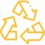 Geel pictogram van een recycle-logo, dat duurzaamheid en circulaire economie vertegenwoordigt.