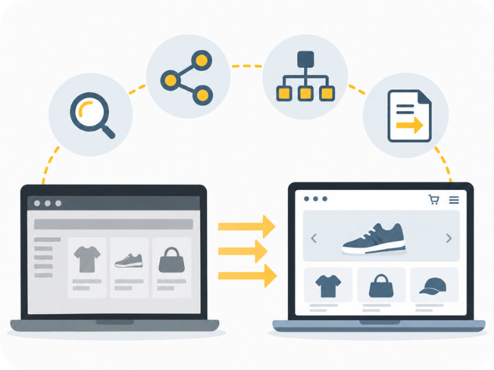 Illustratie van e-commerce replatforming: webshopmigratie naar een nieuw platform met data en integraties